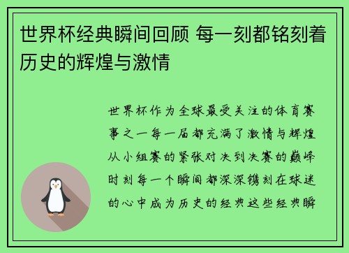 世界杯经典瞬间回顾 每一刻都铭刻着历史的辉煌与激情